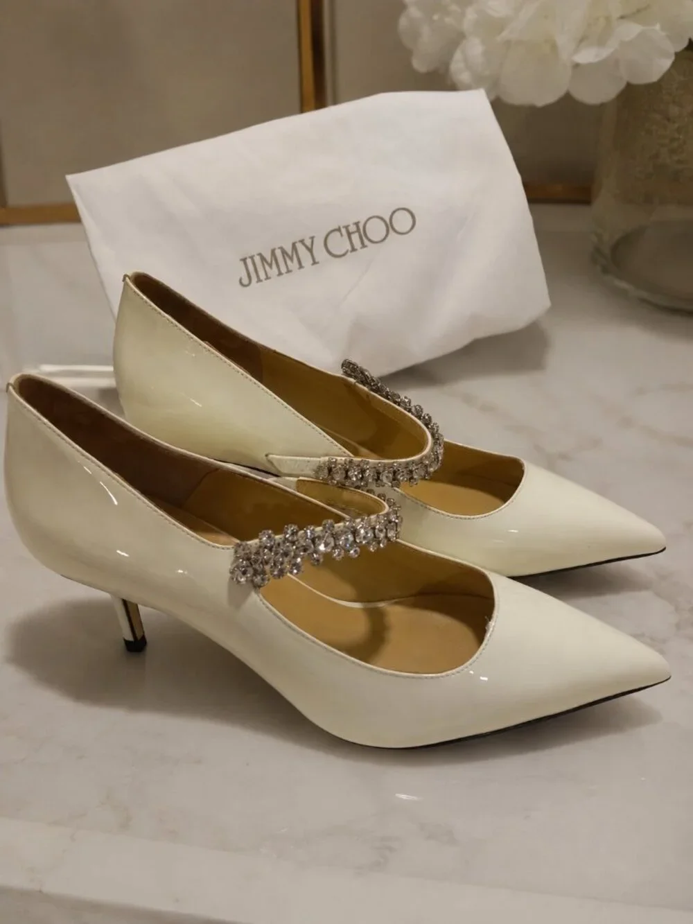 JIMMY CHOO Women Bing Off White Pumps With Crystal Embellishments